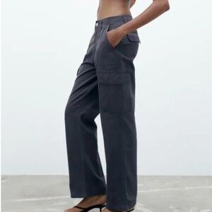 NWT ZARA Wide Leg Cargo Pants Trousers Navy Blue 100% Cotton Women's Size 2